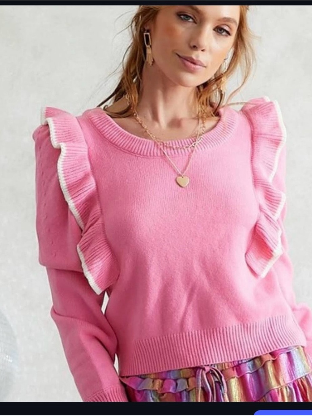 Day + Moon Women's Pink Ruffle-Trim Crewneck Sweater